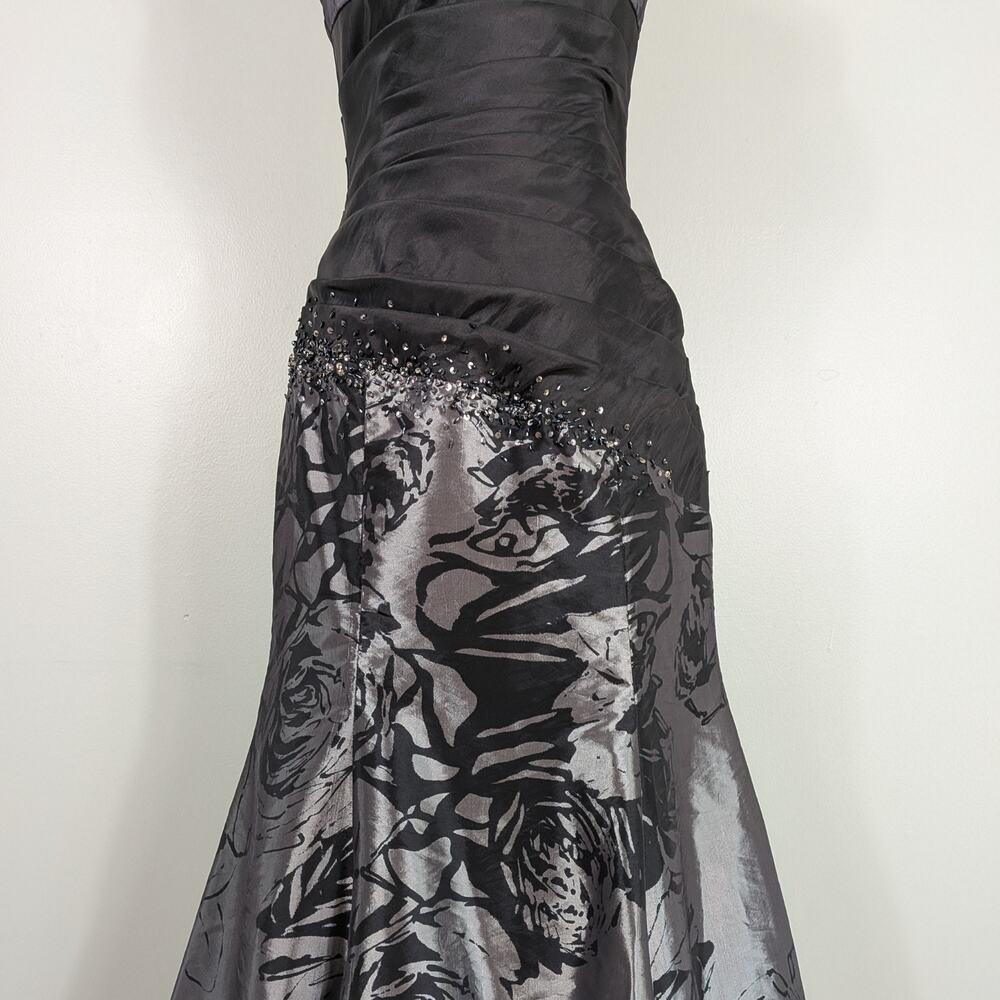Y2K Alyce Prom Dress Maxi Gown 8 Gray Black Mermaid Corset Strapless Floral Vtg - Picture 5 of 14